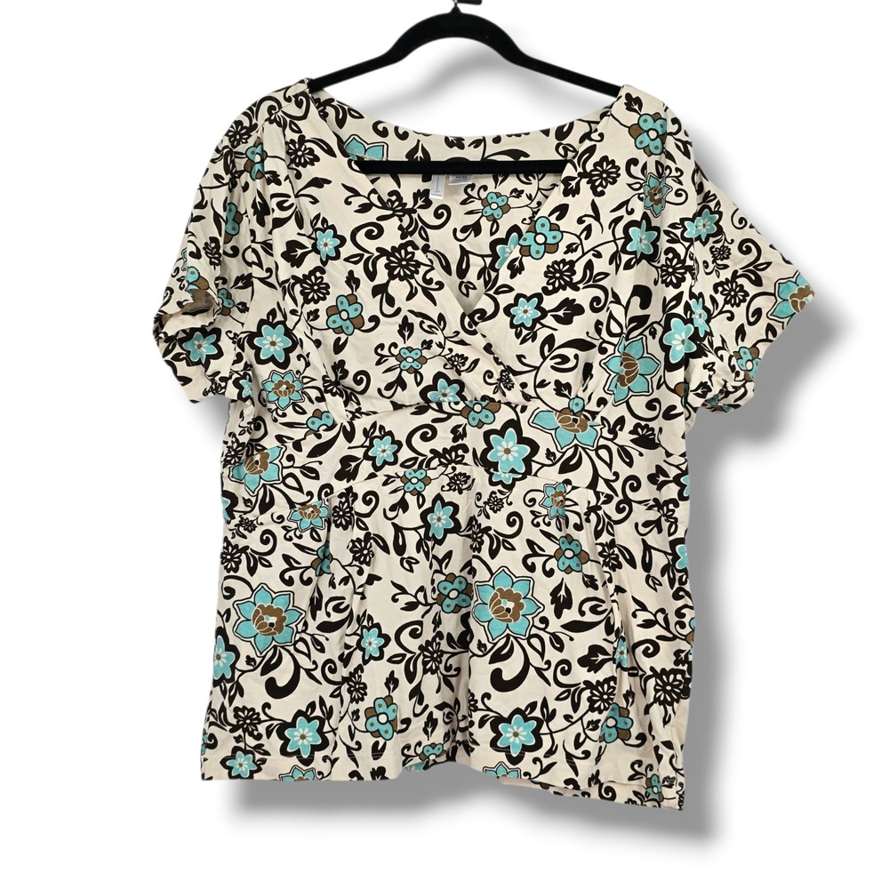 Nick & Sarah Woman Floral Surplice V-Neck Empire Waist Top Cream Turquoise 3X